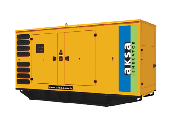 Front view of the AKSA APD275C diesel generator with a clear view of the housing and the front of the unit